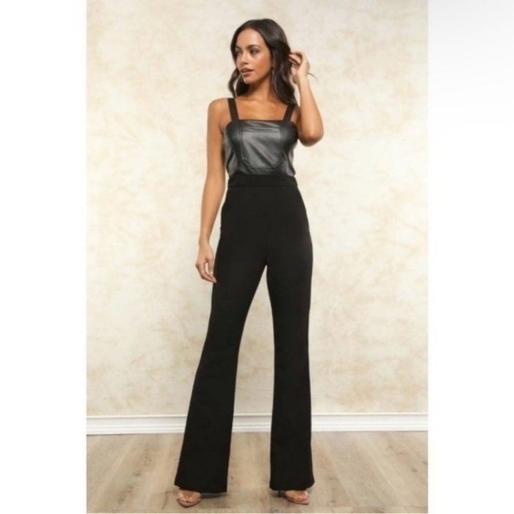 Fletch Black Victoria Faux Leather Flare Leg Sleeveless Jumpsuit